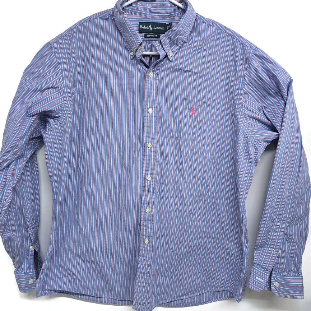 Ralph Lauren Mens XL Custom Fit Striped Button Down Shirt Blue Pink Long Sleeve